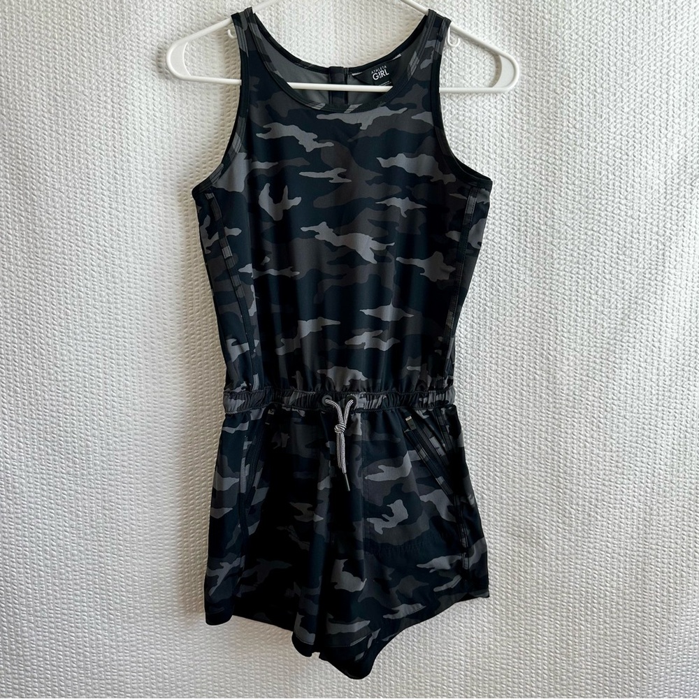 Athleta Girl On The Go Black Gray Camo Romper Size 14 XL Stretch Athletic